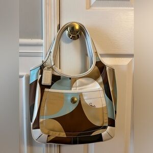 Coach Vintage Ergo Scarf Print Tote Turquoise Brown White New